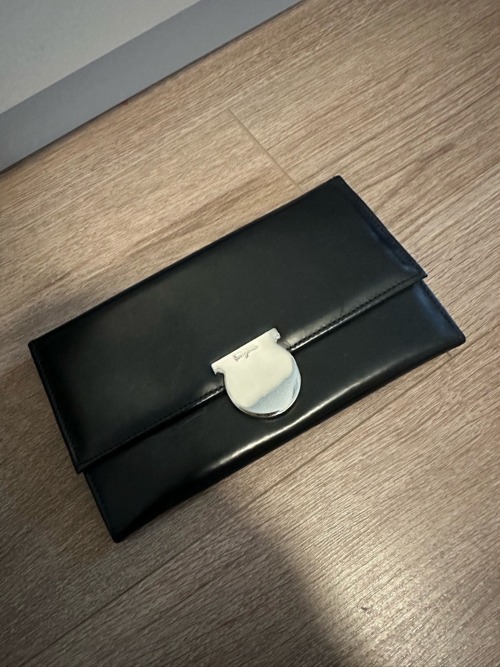 Ferragamo Vintage Black Leather Clutch Wallet With Silver Hardware